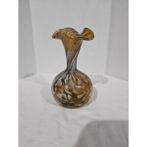 Hand Blown Glass Gold Amber And White Vase 6" Tall 4" Wide